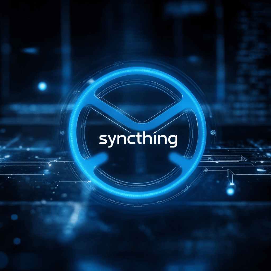 Digital graphic of a glowing blue circular logo with the word 'syncthing' on a dark futuristic background