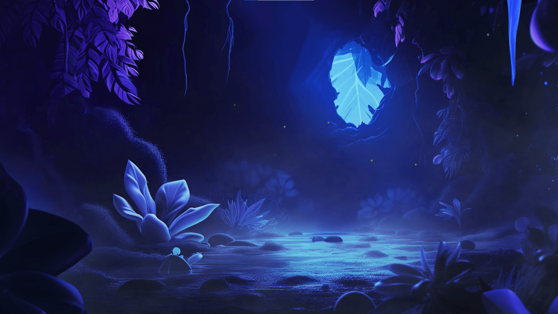 Serene night scene with glowing flowers, calm water, and illuminated crystal formation