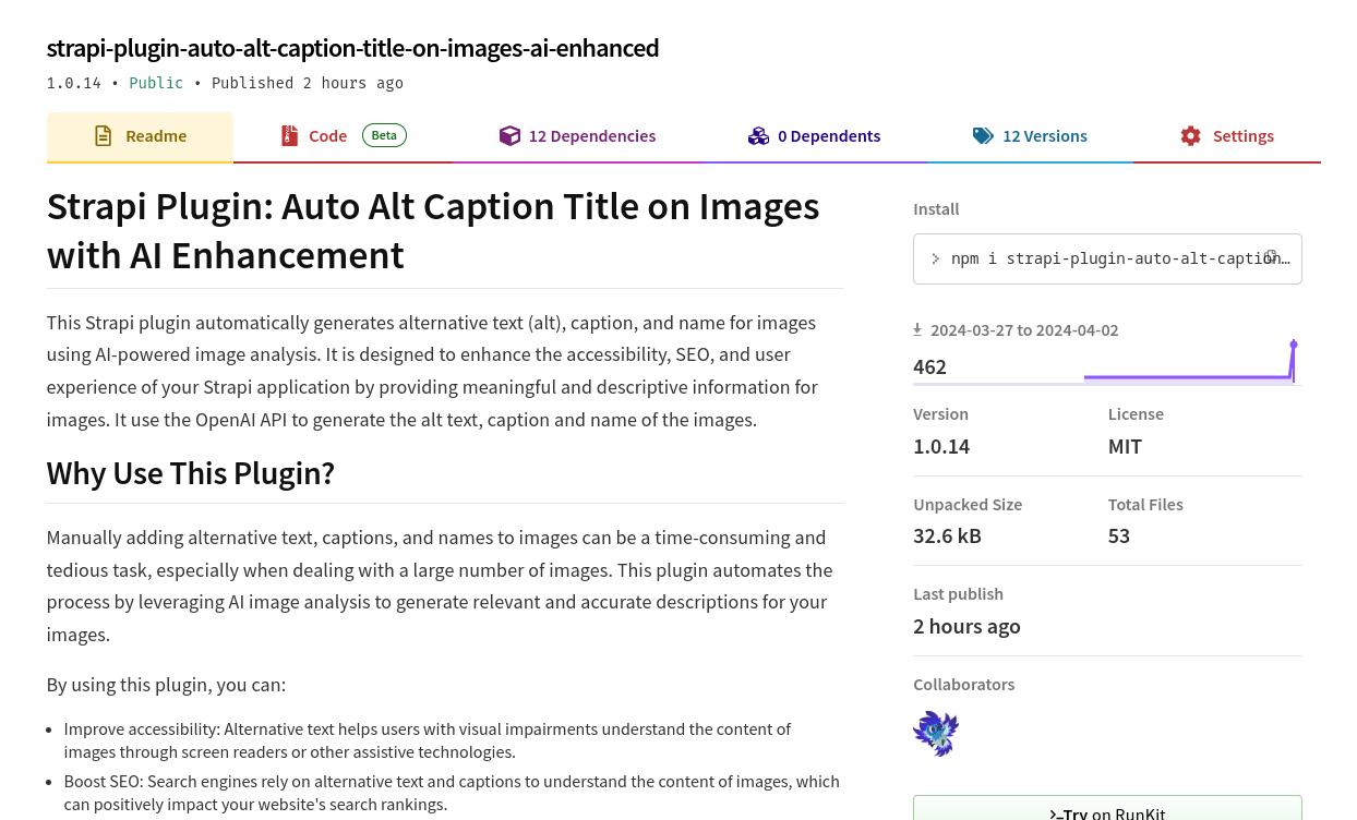 Screenshot of webpage showcasing Strapi Plugin for automatic generation of alternative text for images using AI