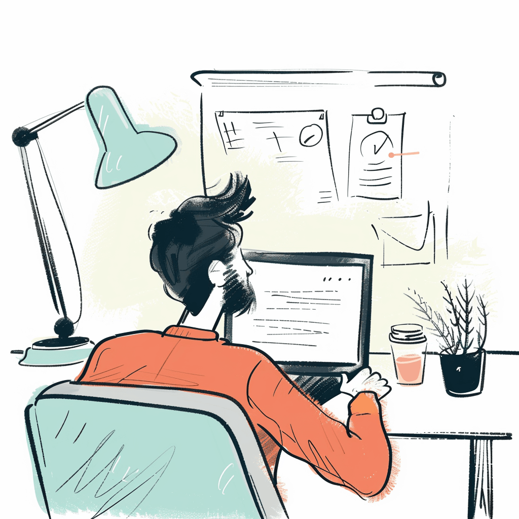 Person working on a computer at a desk with a lamp, plant, and cup, in a home office setting